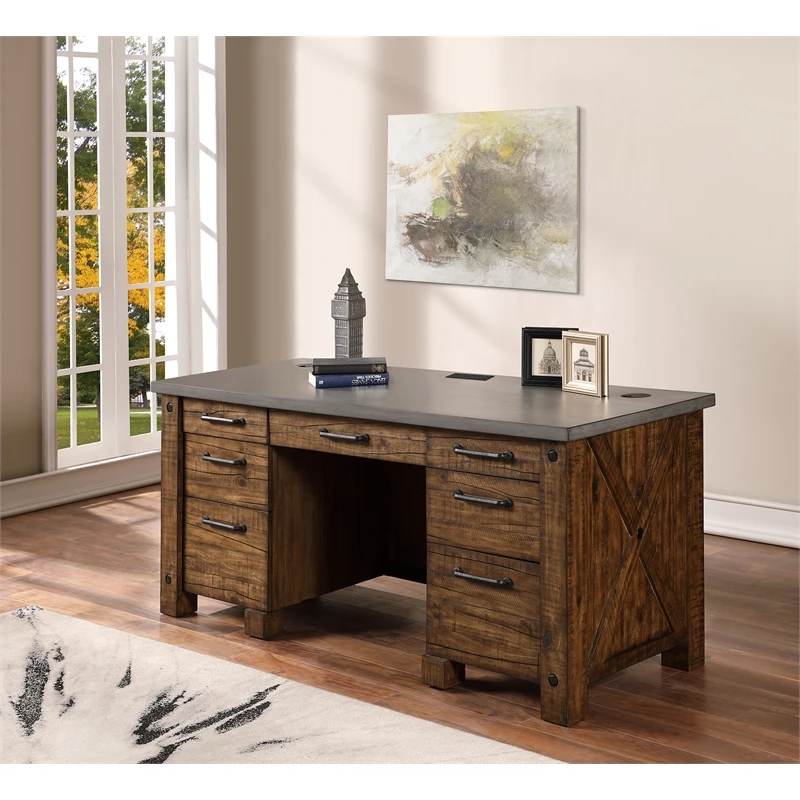 Pemberly Row Home Office Desk Writing Table Wood Credenza Brown Concrete Top 10 Pemberly Row Home Office Desk Writing Table Wood Credenza Brown Concrete Top - Image 8