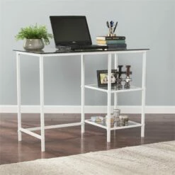 Pemberly Row Contemporary Glass Top Metal Student Desk In White -CYMAX Sales 2775819 6 L