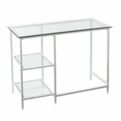 Pemberly Row Contemporary Glass Top Metal Student Desk In White -CYMAX Sales 2775819 8 L
