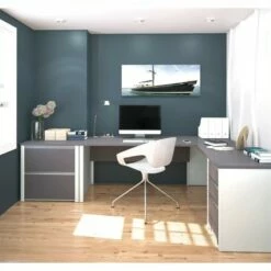 Bestar Connexion L-Shape Wood Computer Desk With Hutch In Sandstone And Slate -CYMAX Sales 505472 1 L