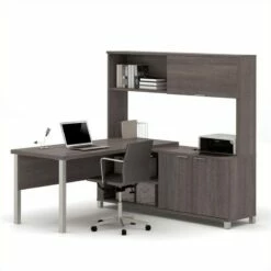 Bestar Pro-Linea L-Desk With Hutch With Leg In Bark Grey