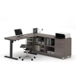 Bestar Pro Linea L Shape Power Adjustable Table In White