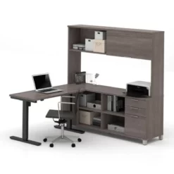 Bestar Pro Linea Power Adjustable L Table With Hutch In Bark Grey