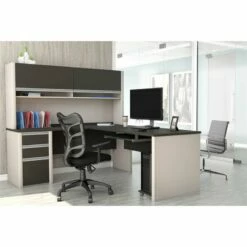 Bestar Connexion L-Shape Wood Computer Desk With Hutch In Sandstone And Slate -CYMAX Sales 9174 1 L