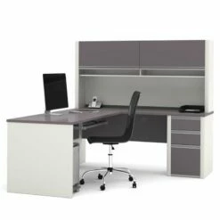 Bestar Connexion L-Shape Wood Computer Desk With Hutch In Sandstone And Slate